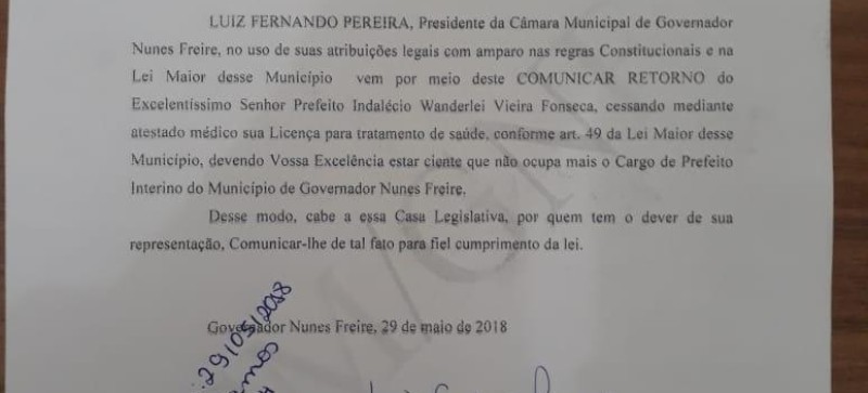 Prefeito Indalécio reassume suas funções administrativas