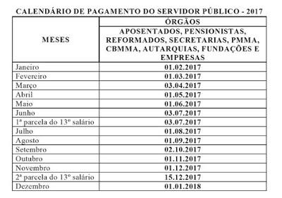 Divulgado calendário de pagamento dos servidores maranhenses para 2017