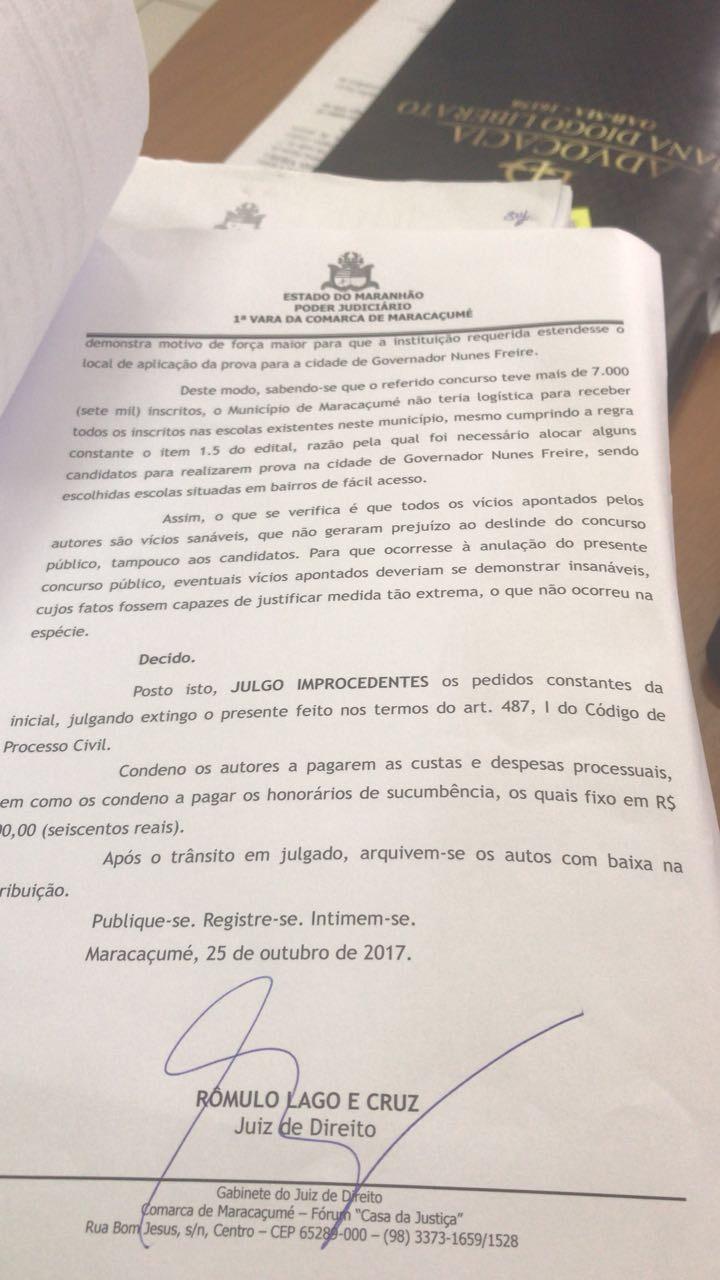 Pedido de anulação do Concurso de Maracaçumé é julgado improcedente