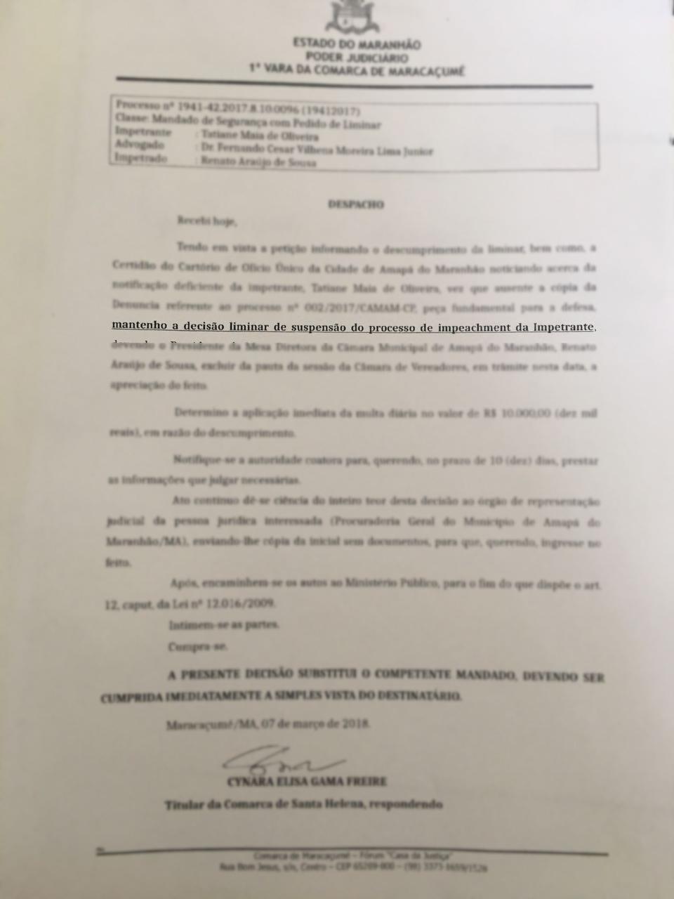 Justiça mantém suspensão do pedido de impeachment da prefeita Tate do Ademar