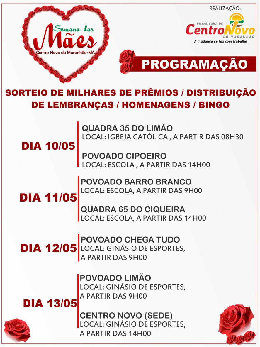 Confira a programação da comemoração do Dia das Mães em Centro Novo do Maranhão