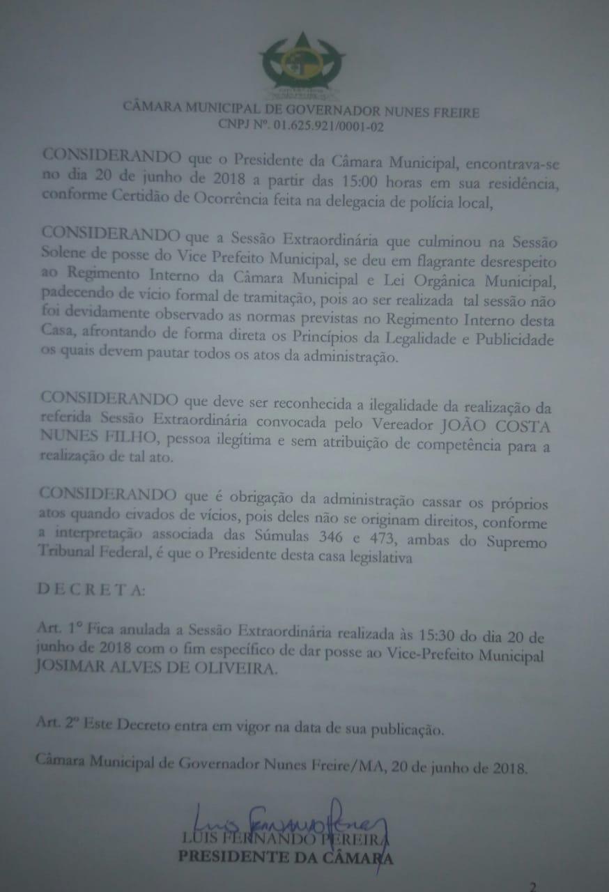 Presidente anula sessão extraordinária realizada nesta quarta-feira, 20