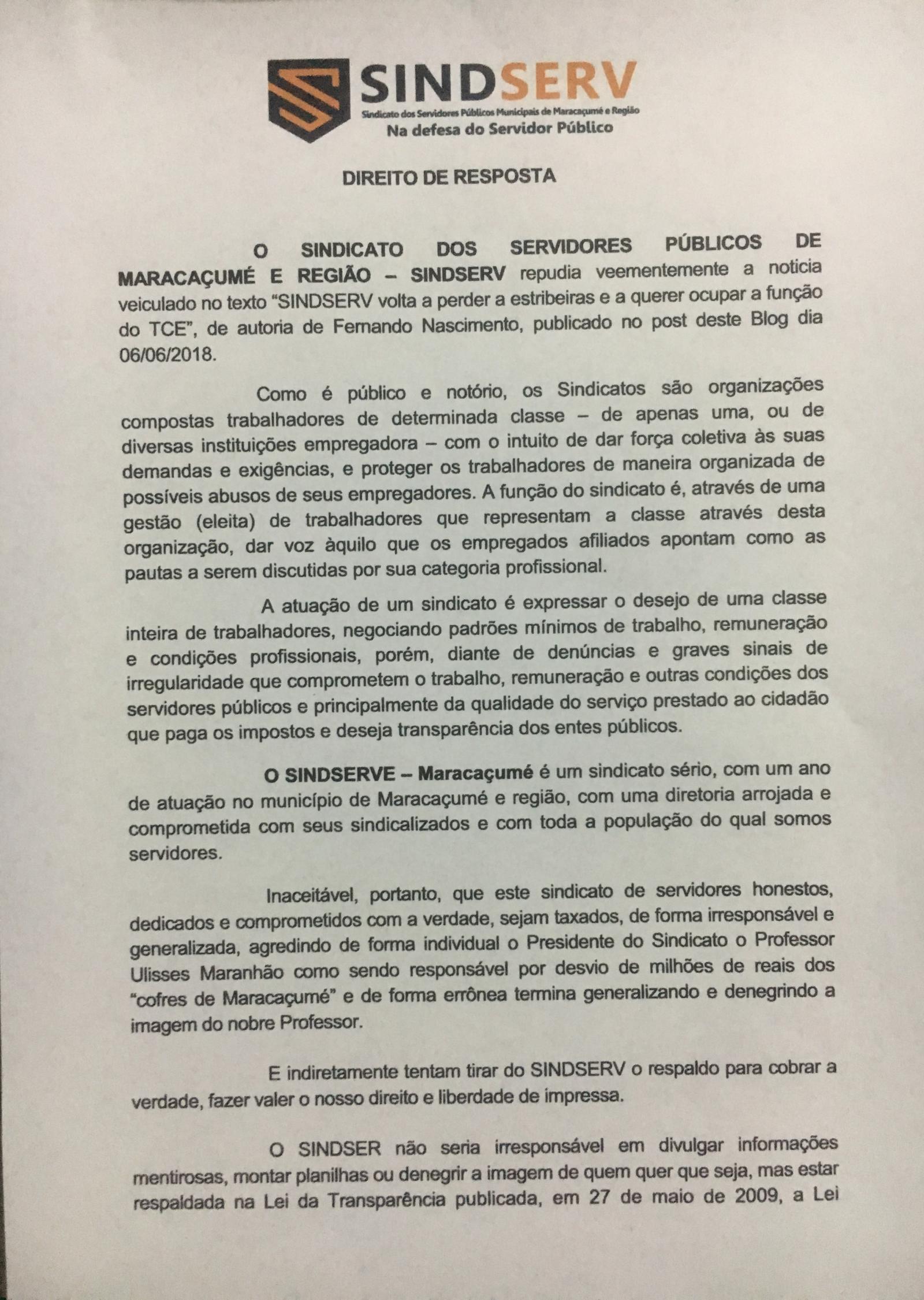 Direito de resposta concedido ao SINDSERV