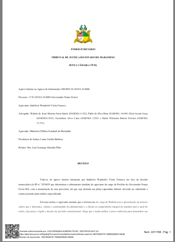 Decisão judicial justa e que trouxe alívio aos cidadãos de Governador Nunes Freire