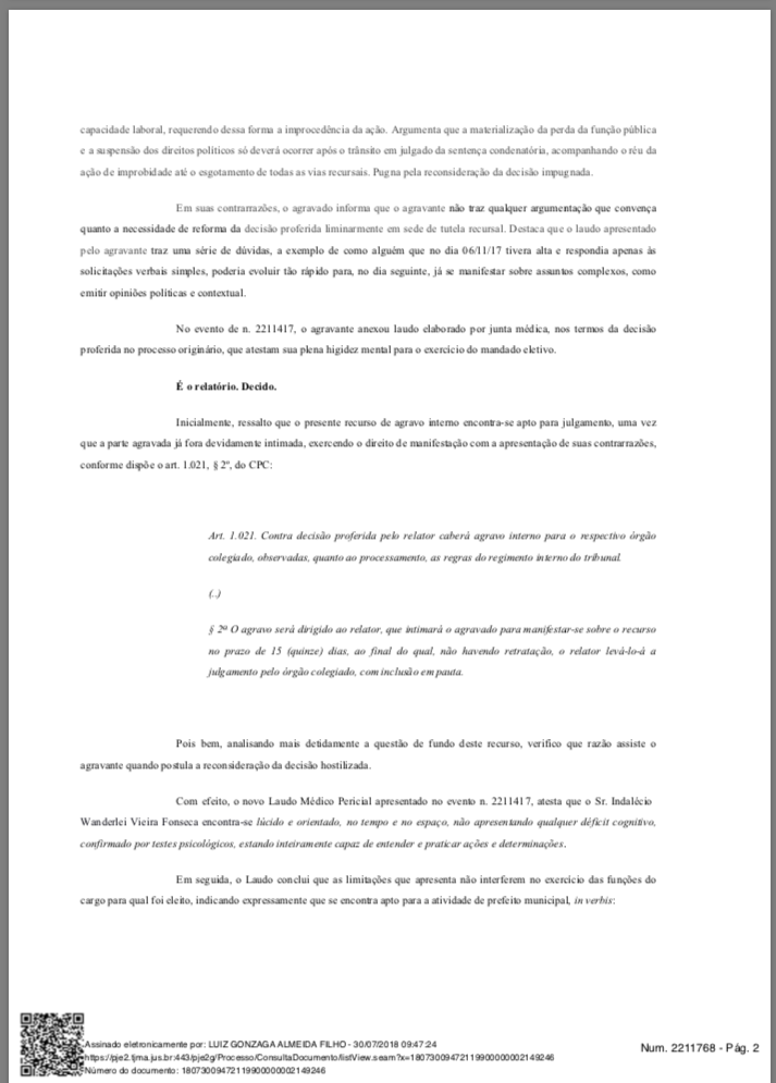 Decisão judicial justa e que trouxe alívio aos cidadãos de Governador Nunes Freire