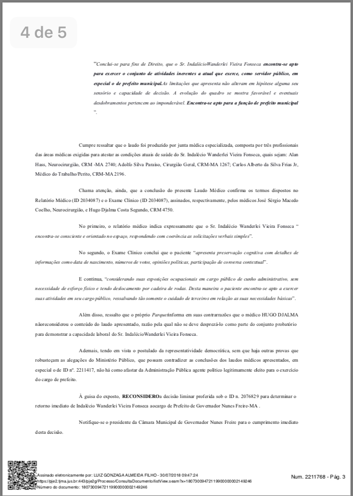 Decisão judicial justa e que trouxe alívio aos cidadãos de Governador Nunes Freire