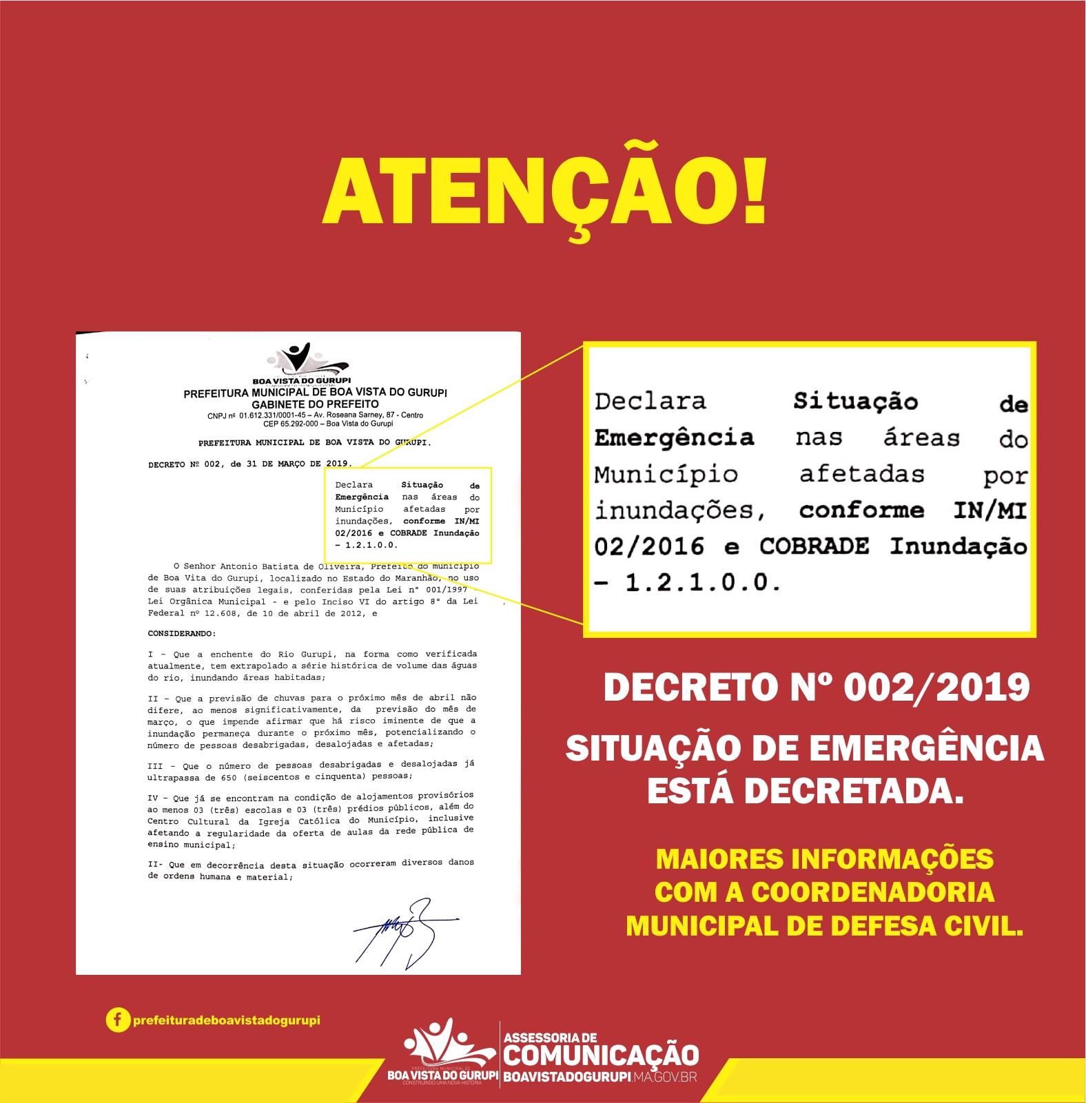 Prefeitura de Boa Vista do Gurupi decreta Situação de Emergência