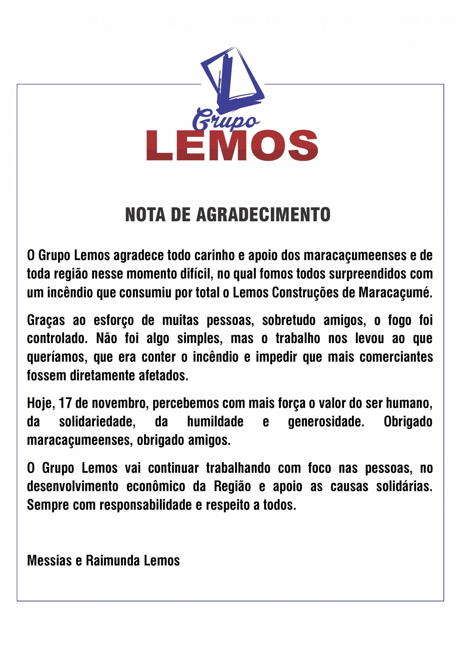 Grupo Lemos agradece todo apoio recebido neste domingo, 17