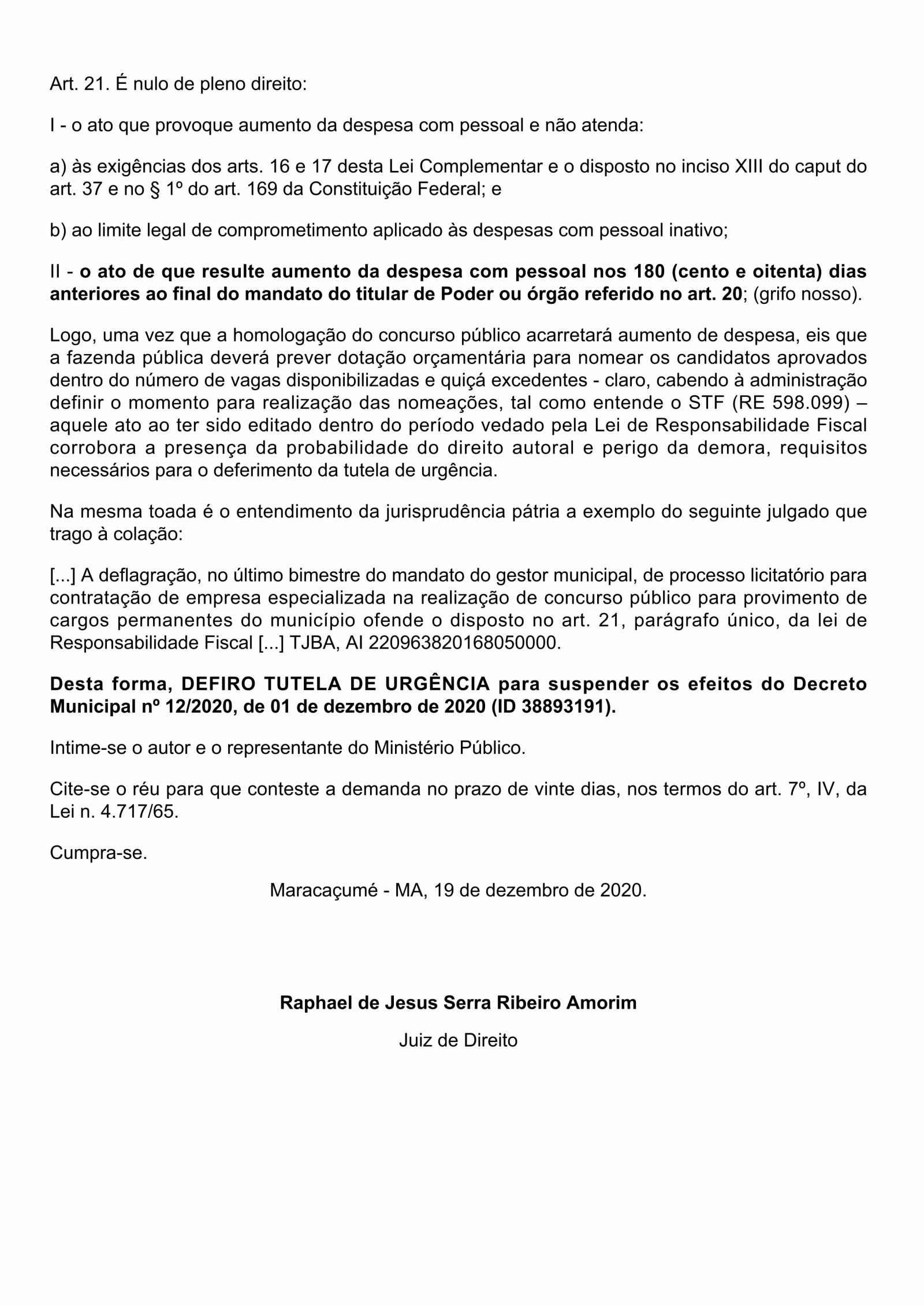 Decisão judicial suspende decreto municipal, mas não anula o Concurso Público de Maracaçumé