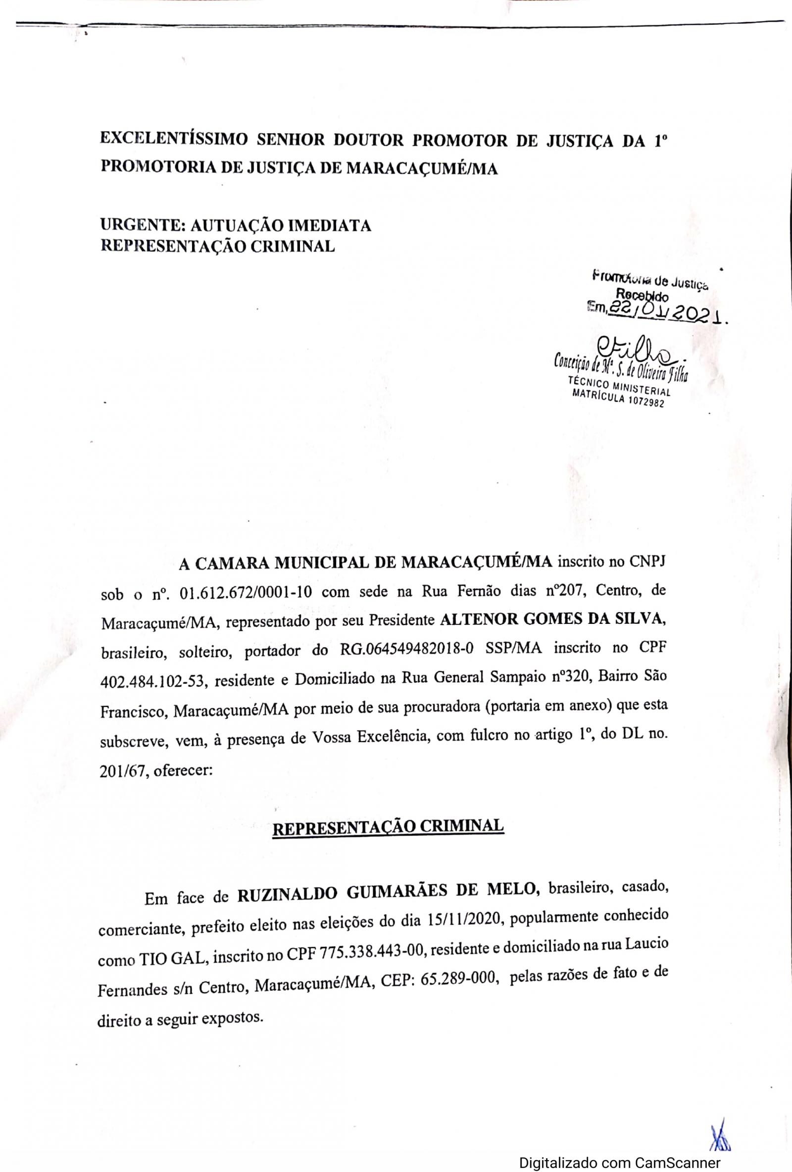 Tensão política: Câmara de Vereadores de Maracaçumé entra com representação criminal contra o atual prefeito