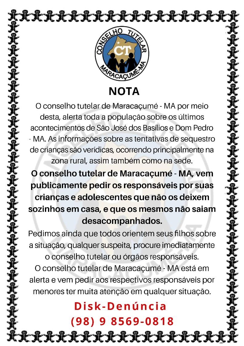 Nota do Conselho Tutelar de Maracaçumé mantém maracaçumeenses em alerta